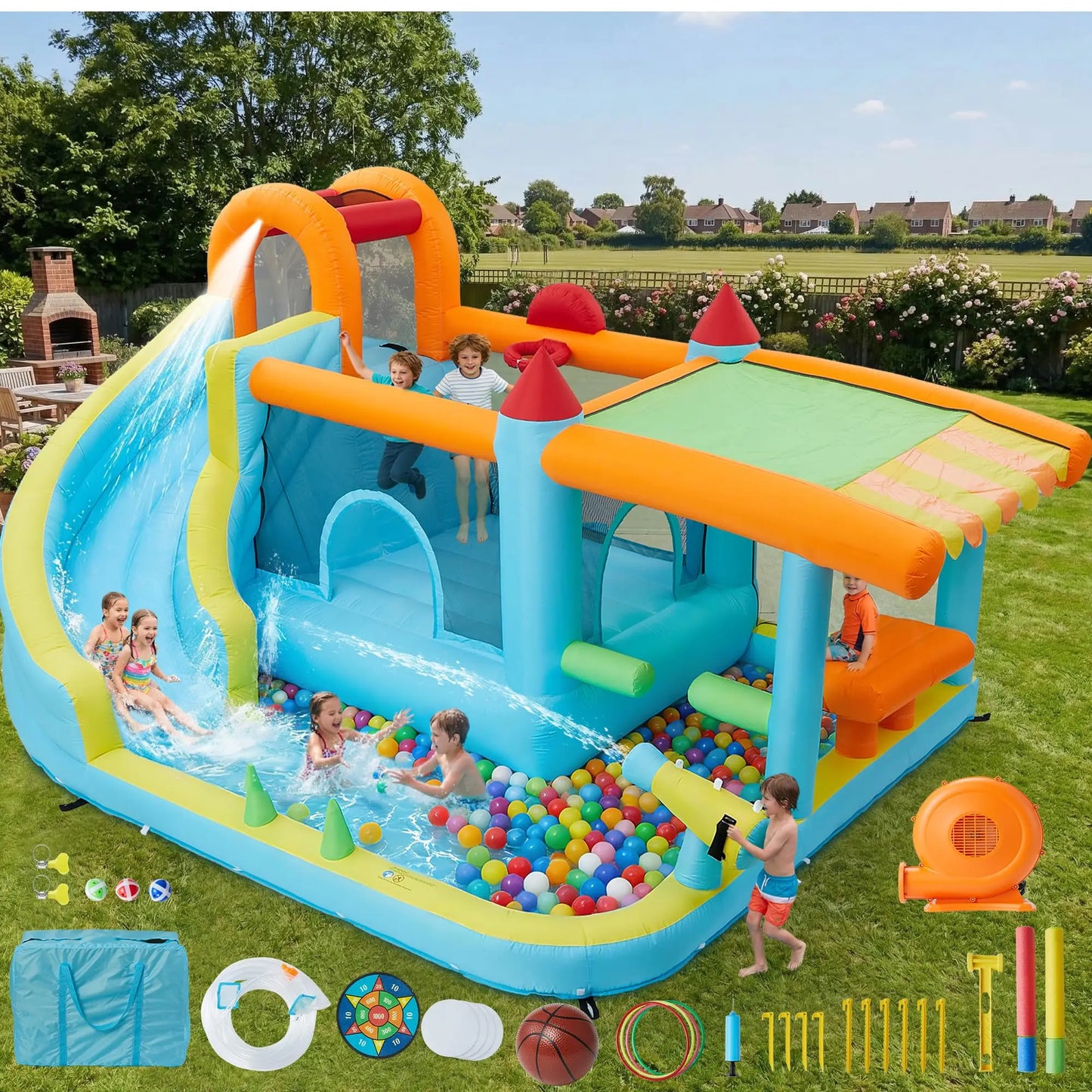 14FT Kids Bounce House With Slide & 450W Blower, 12-in-1 Inflatable Water Bouncer For Backyard Indoor Outdoor Party Castle Play
