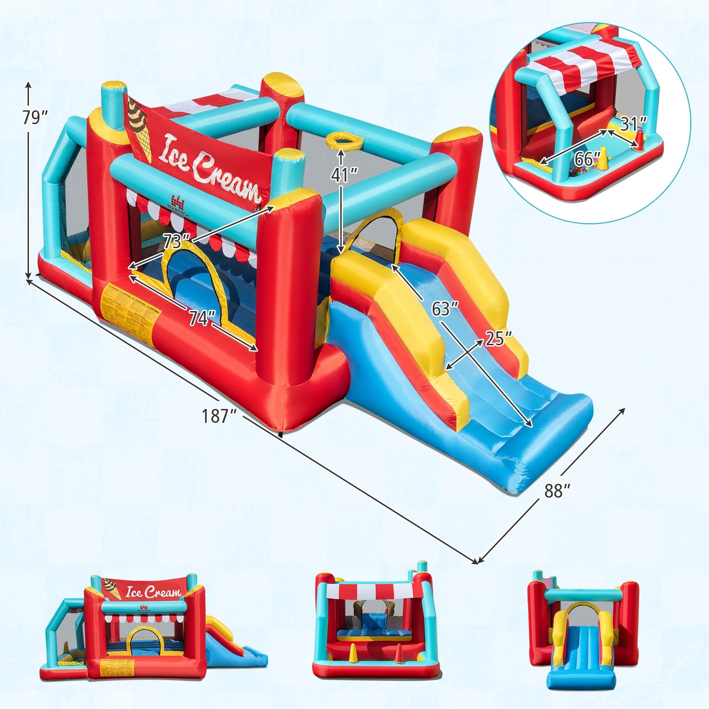 Inflatable Bounce House 5-in-1 Ice Cream Jumping Castle Blower Not Included