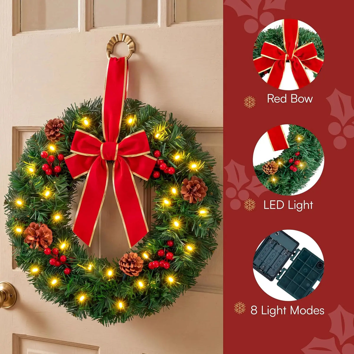 Joyfy Artificial Christmas Wreaths Featuring Bow And Warm Illumination