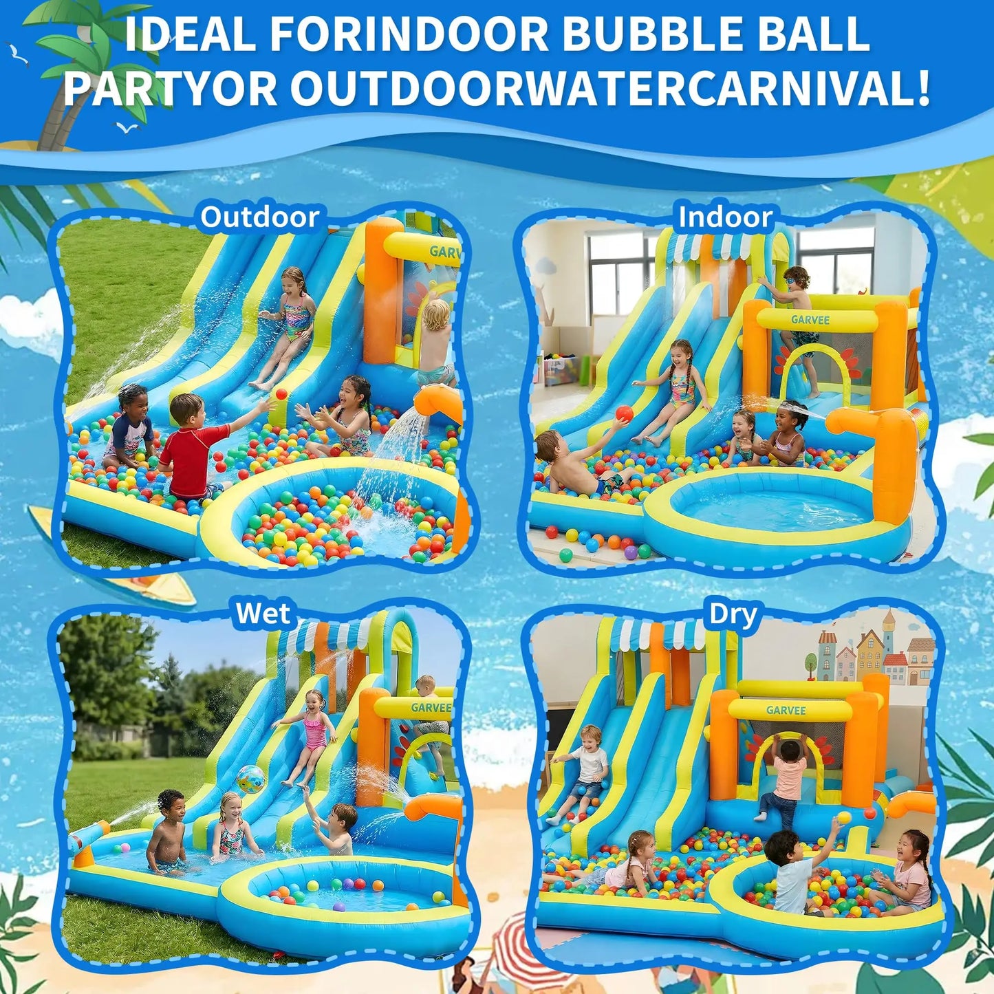 Inflatable Water Slide Bounce House 8-in-1 Kids Water Park With 550W Blower, Double Slides, Pool, Climbing Walls, Backyard Play