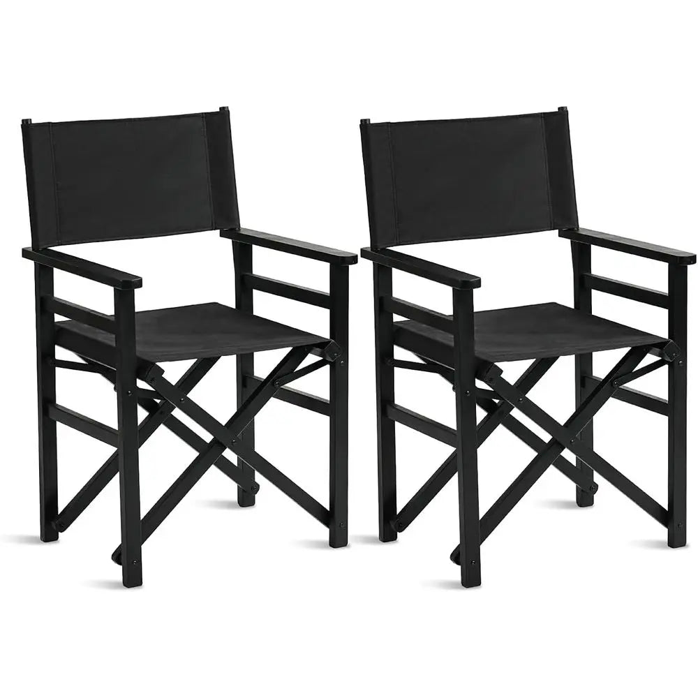 Portable Wooden Folding Director Chairs Set of 2 with Beige Canvas, Durable for Outdoor and Camping Use, Black