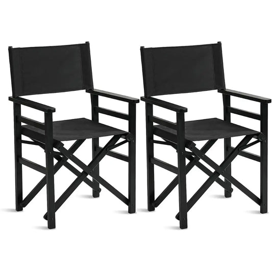 Portable Wooden Folding Director Chairs Set of 2 with Beige Canvas, Durable for Outdoor and Camping Use, Black