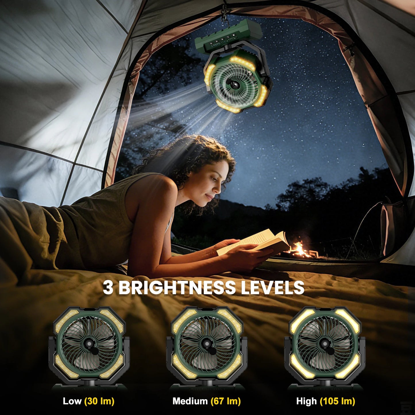 20000mAh Operated Mist Cooling Fan Portable Rechargeable Desk/Camping Fan with LED Light and Hook Outdoor Fan for Tent Car Trip