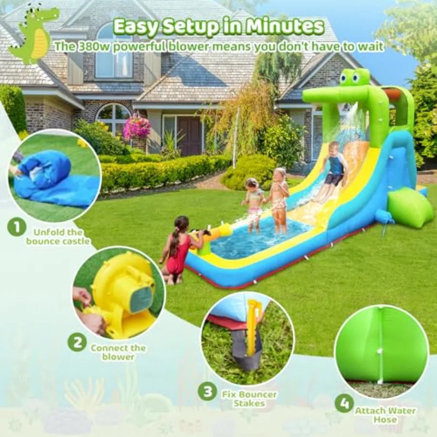 Iatable Water Slide - Crocodile Theme Bounce House Water Park with Blower, Climbing Wall, Splash Pool, Water Cannon, Blow up To