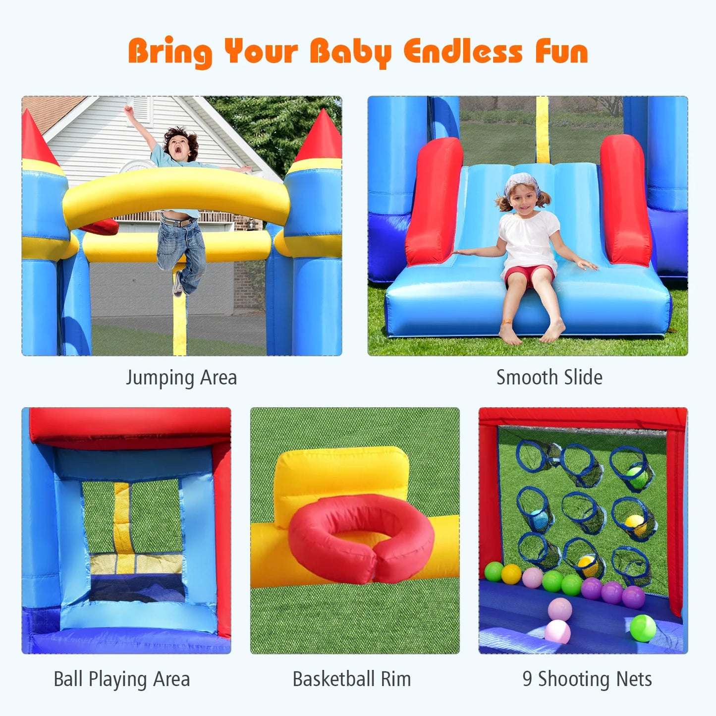 Inflatable Bounce House Castle Slide Bouncer Kids Basketball Hoop Without Blower