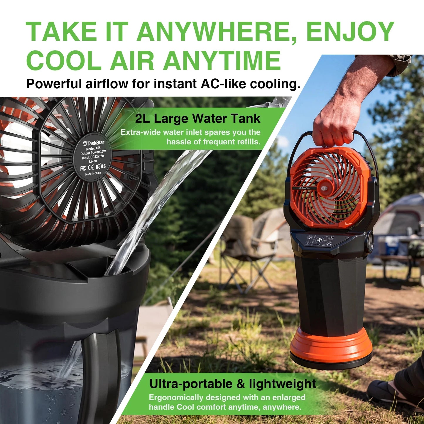 TaskStar Portable Misting Fan 33000mAh Large Rechargeable Battery Powered Outdoor Cooling Fan with Remote Control&2L Tank, Grip Handle Camping Fan with Ambient Lighting, 120° Auto-Oscillation, Timer Function