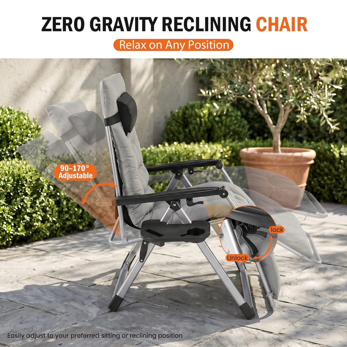JHK Zero Gravity Reclining Outdoor Lounge Chair With Tray