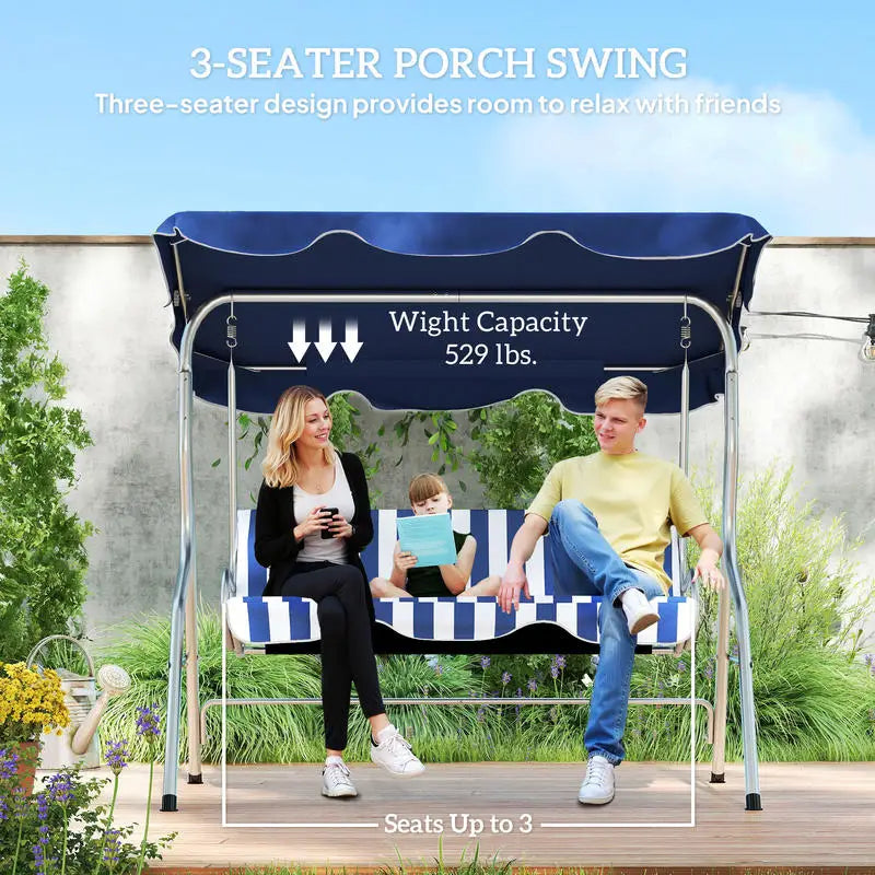 3-Person Porch Swing with Canopy, Patio Swing Chair, Outdoor Canopy Swing Bench with Adjustable Shade, Cushion and Steel Frame, Dark Blue & White Striped