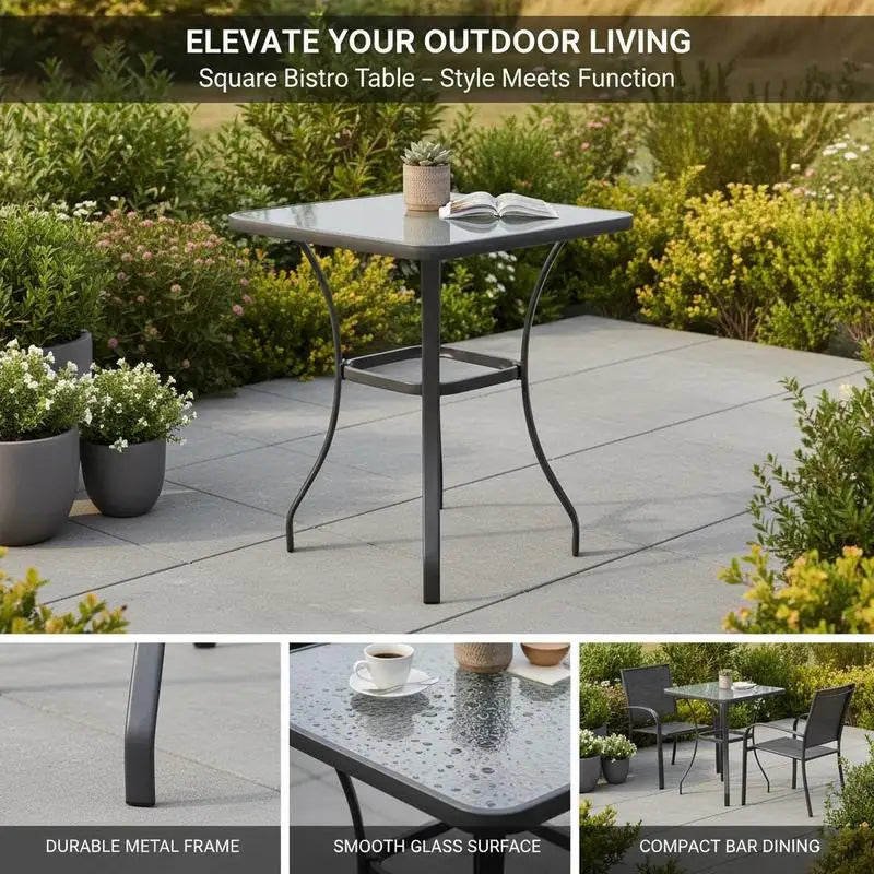 Garden table, bistro table, glass table, tempered glass + metal, black, L68.5 x W68.5 x H84 cm