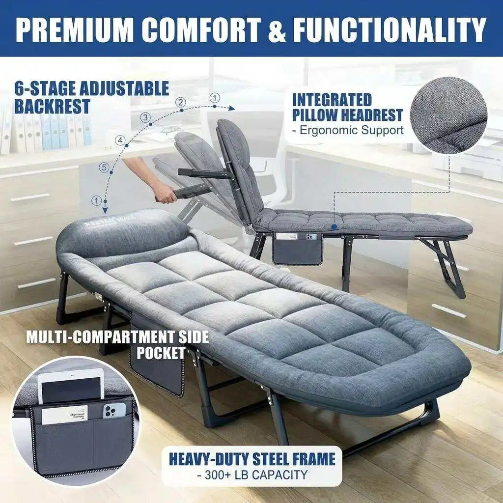 Portable Folding Bed 6-Position Adjustable Camping Cot with Soft Padded Mattress Heavy Duty Steel Frame Office Nap Recliner Single Guest Sleeping Bed Space-Saving Lounger for Outdoor Travel
