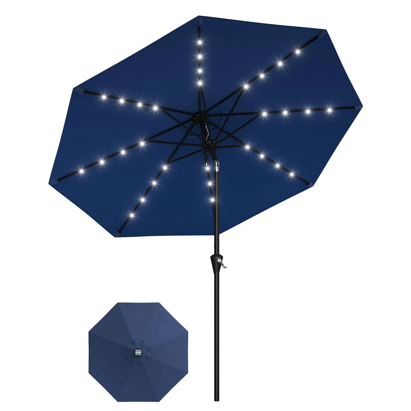 9ft/10ft Solar Patio Umbrella with 32 LED Lights, UPF 50+ UV Protection, Waterproof Fade-Resistant Vented Canopy, Crank Lift & Push-Button Tilt, 8-Rib Market Table Umbrella