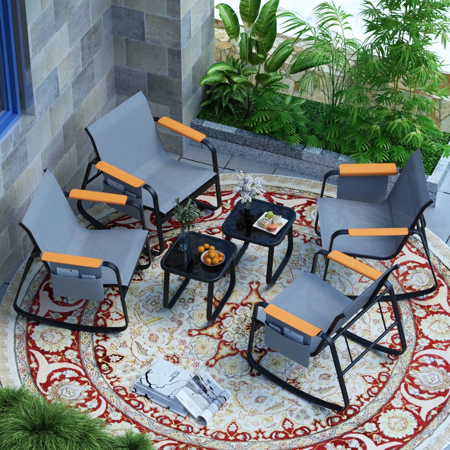 6-Piece Textilene Patio Conversation Set, Outdoor Rocking Chairs with Wide Armrests & Side Storage Pockets, 2 Glass Top Side Tables, Weather Resistant Metal Frame for Backyard Poolside Garden Deck