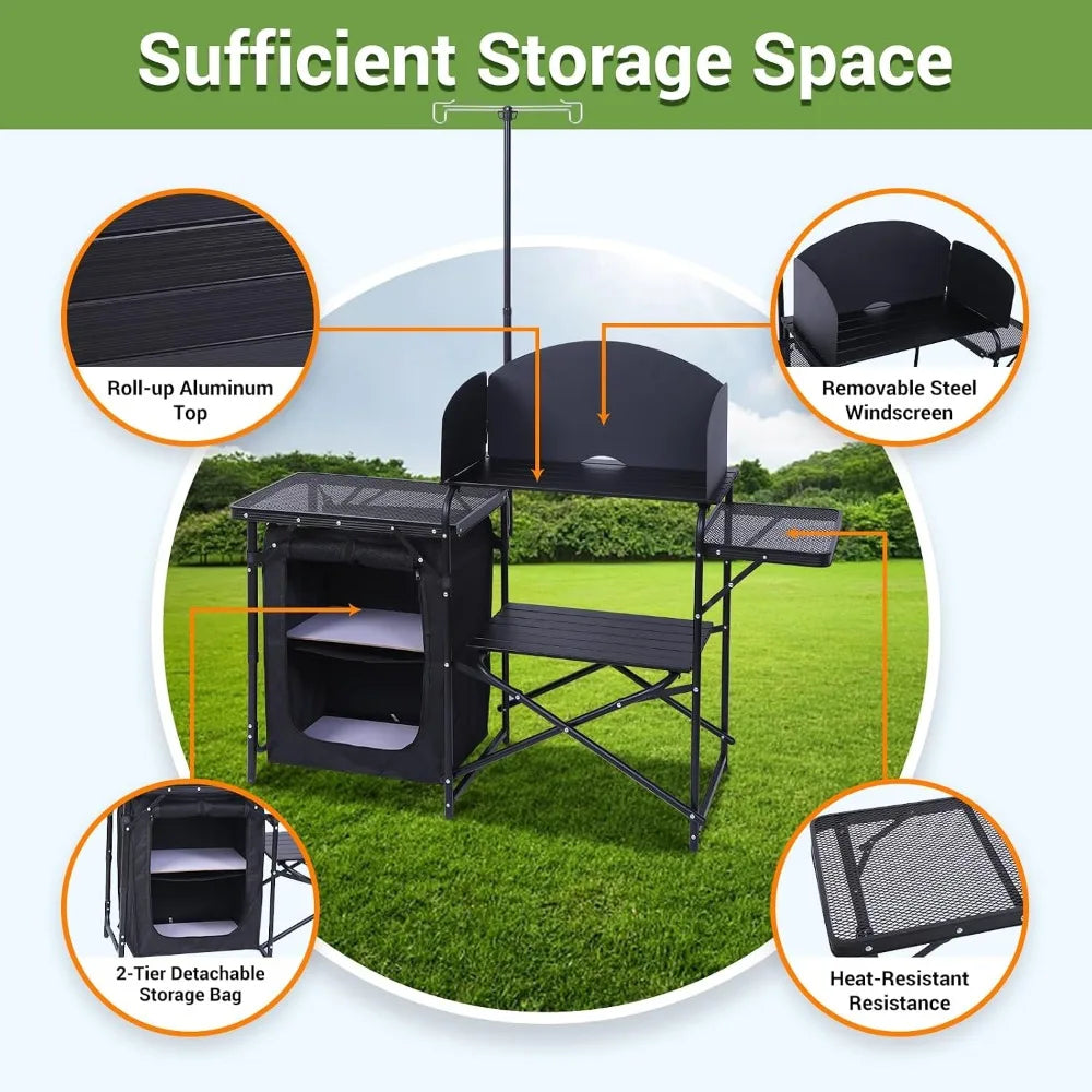 Portable Camping Kitchen Station with Light Stand & Windshield, Foldable Grill Table, Outdoor Cook Organizer, Carry Bag Included (Black)