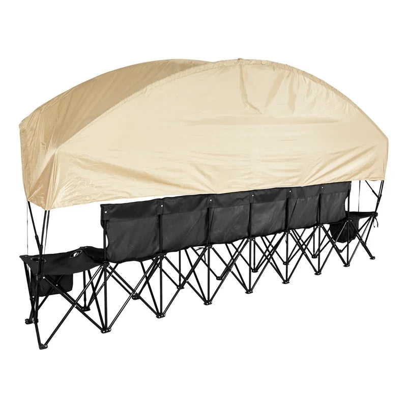 Portable 6-Seat Folding Bench with Storage Pockets, Cup Holders, Sunshade, Carry Bag – Lightweight Outdoor Seating for Soccer, Football, Baseball, Camping, Events – Black