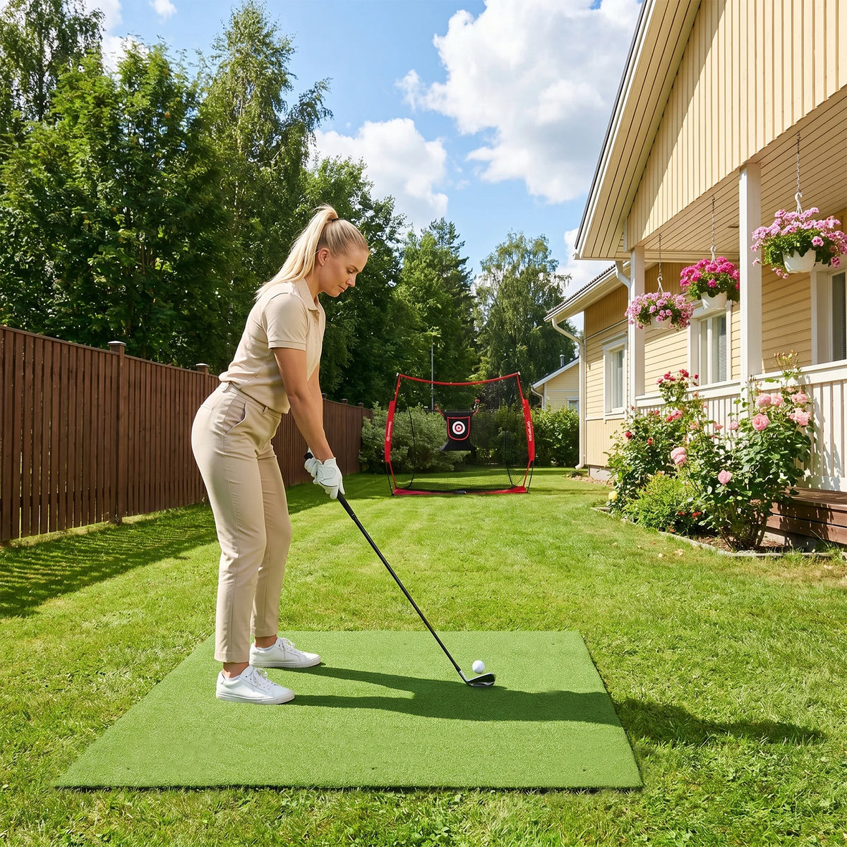 Golf Hitting Mat 5x4ft Portable Foldable Practice Mat with Balls and Tees, Heavy Duty Artificial Turf Driving Range Mat, Anti-Slip Golf Training Mat for Backyard Garage Indoor Outdoor Chipping Swing Simulator Use