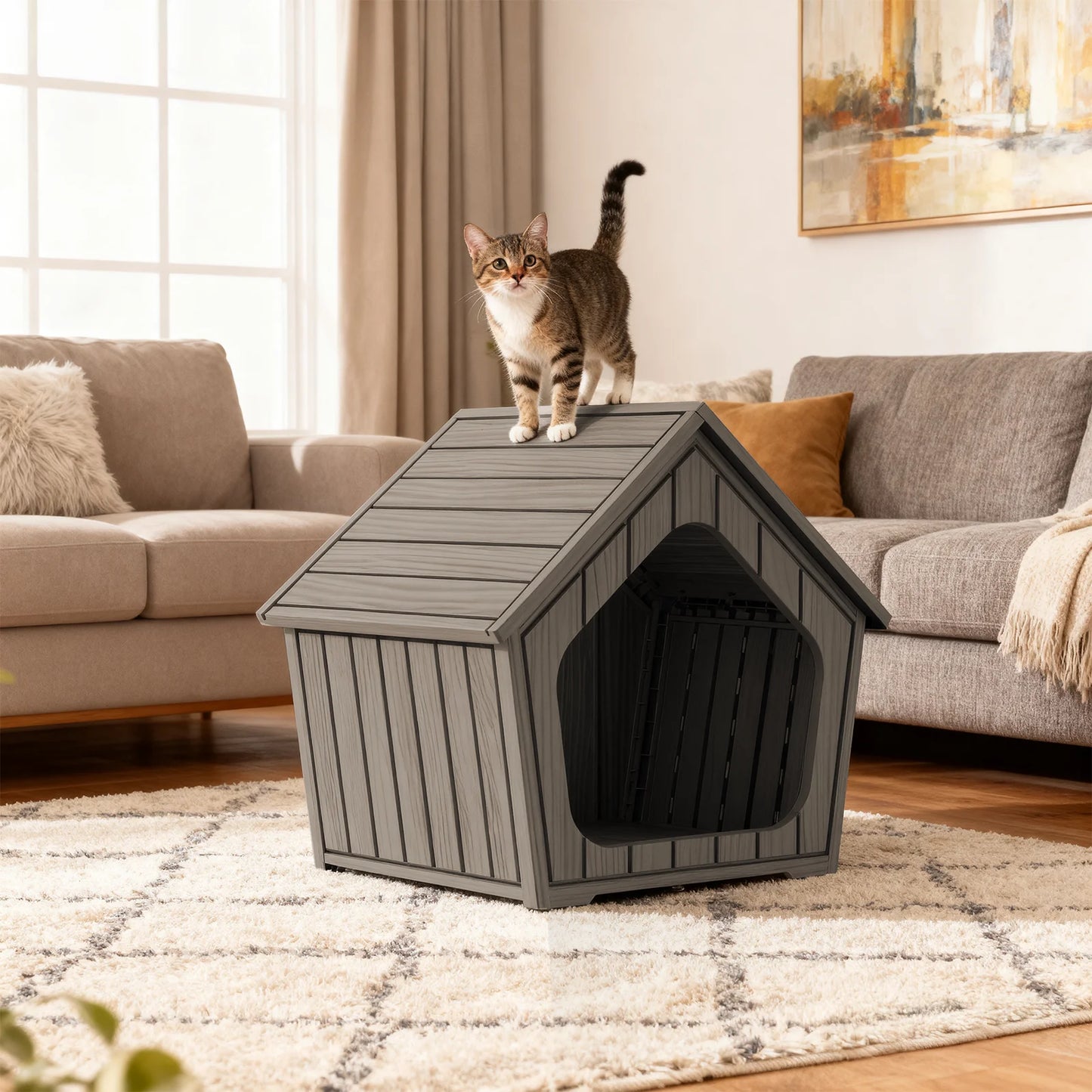 Outdoor Plastic Gable Roof Dog House With Ventilated Design