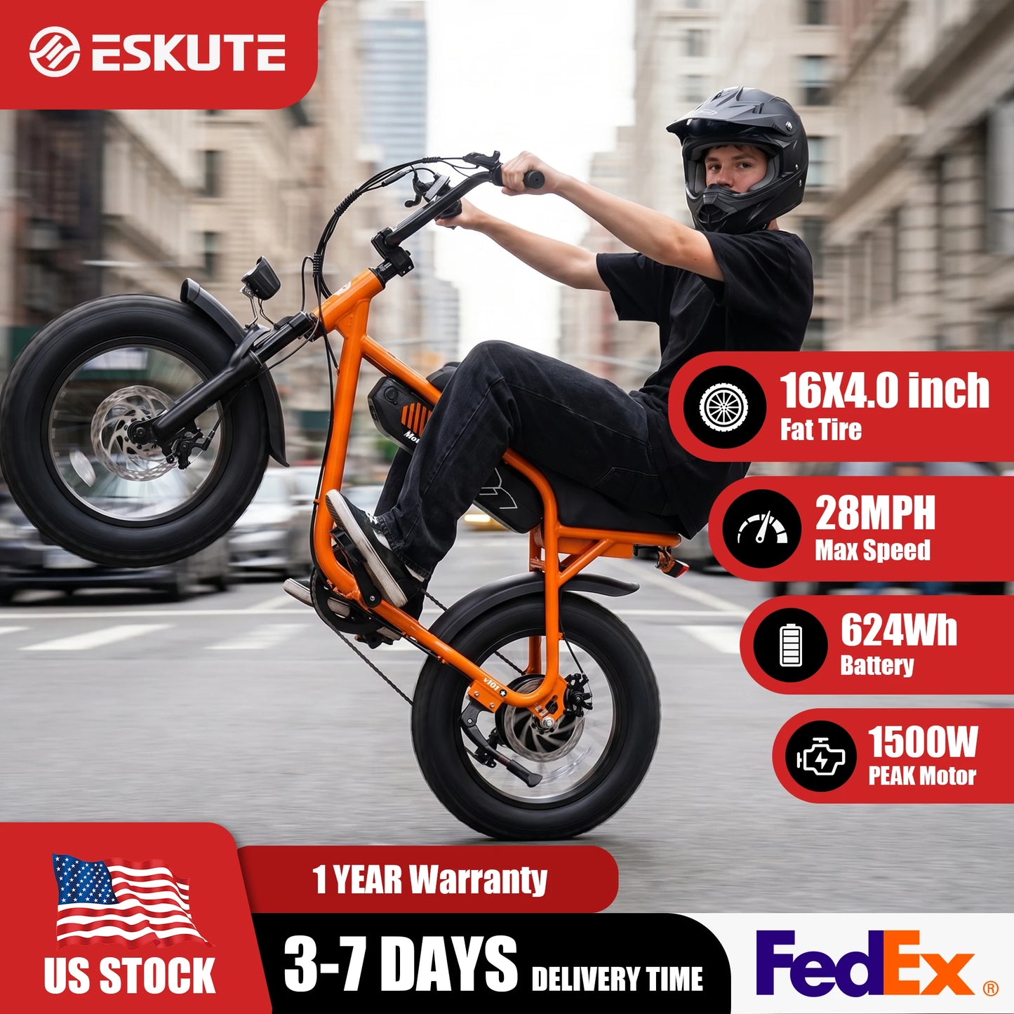 ESKUTE V101 Electric Dirt Bike,16"x4.0 Fat Tire Ebike,1500W Peak,Electric Dirt Bike, 28mph, E bike UL2849, 1 Year Warranty