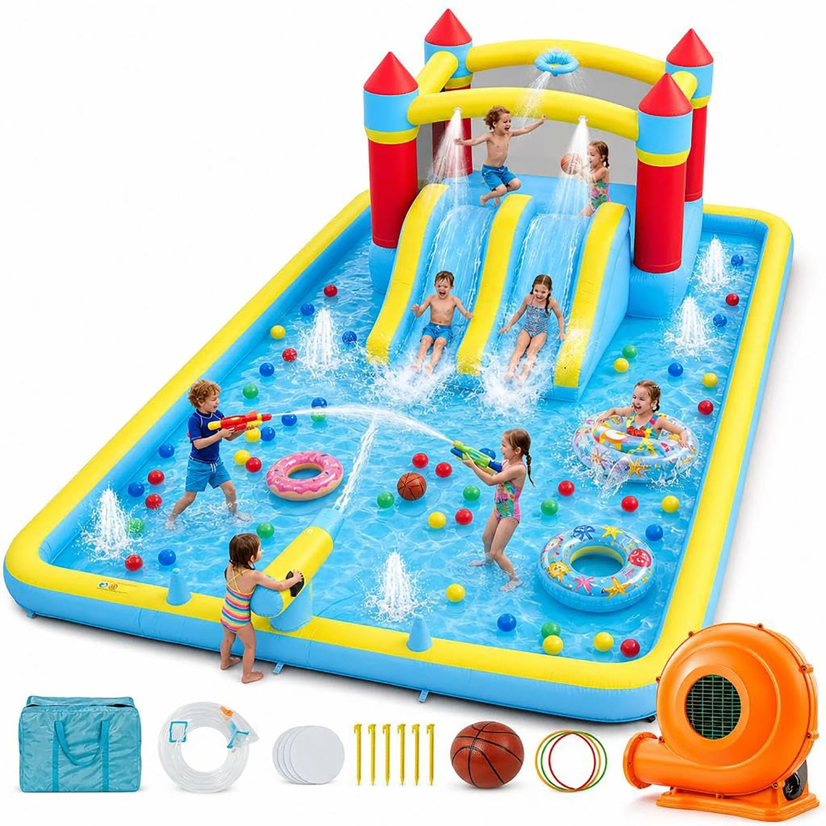 HiMiss 7In1 Kids Inflatable Bounce House Water Slide