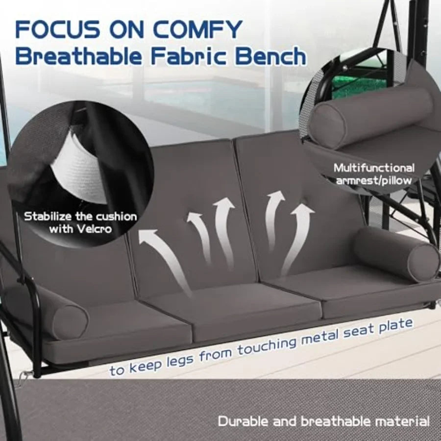 3-Seat Outdoor Porch Swing With Patio Stand And Convertible Bed