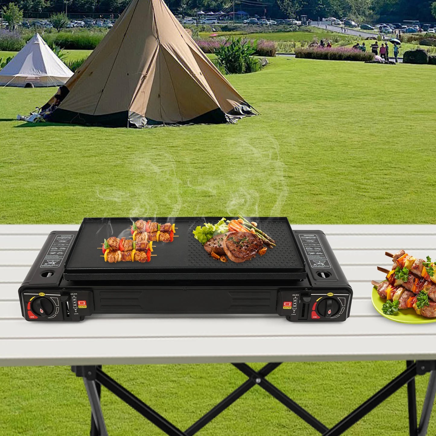 Portable Two Burner Camping Gas Stove With Baking Tray