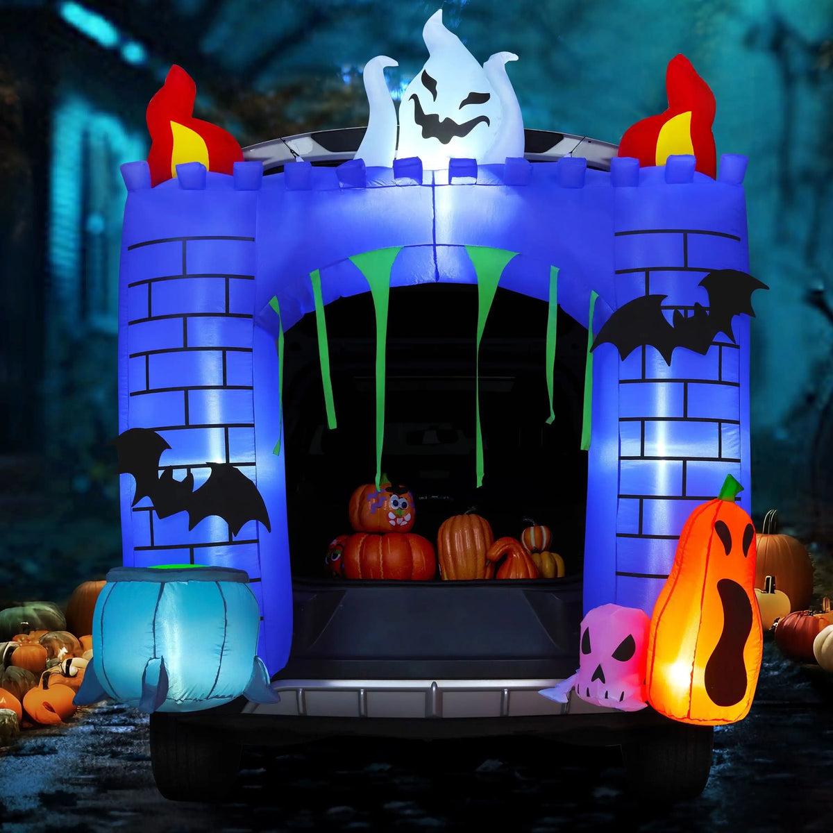 6 FT Tall Haunted Castle Halloween Inflatable Haunted Castle Decoration Trunk Treat Car Decorations Kit Ghost and Pumpkin for Halloween Party