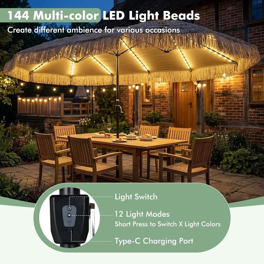 15ft Tiki Patio Umbrella with 144 LED Lights, 12 Ribs, Crank Handle, Suitable for Outdoor, Backyard, Poolside, Deck