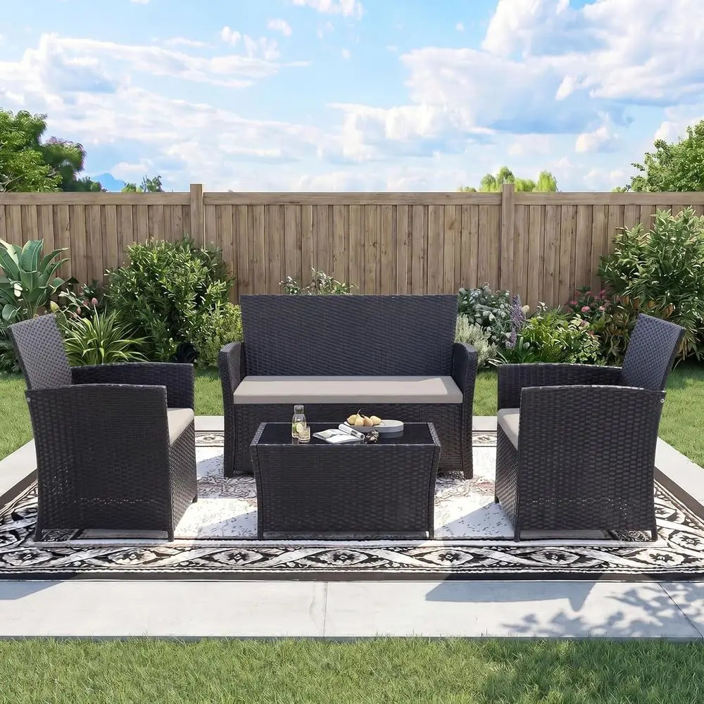 4-Piece Outdoor Patio Furniture Set, Sectional Wicker Sofa with Rattan Couch for Balcony, Porch, and Backyard (Black-Light-Grey)