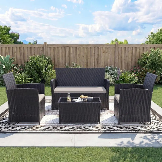 4-Piece Outdoor Patio Furniture Set, Sectional Wicker Sofa with Rattan Couch for Balcony, Porch, and Backyard (Black-Light-Grey)