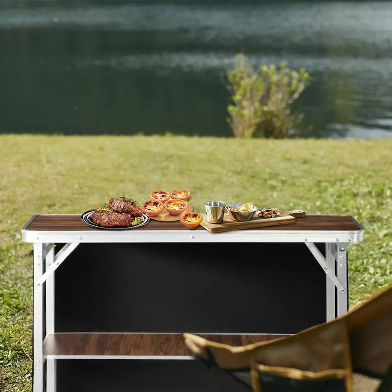 100*38*88cm Wood Grain Color 8mm Single-layer Aluminum Alloy Outdoor Folding Bar Table, 30kg Rectangular, with Black Cloth and Storage Bag