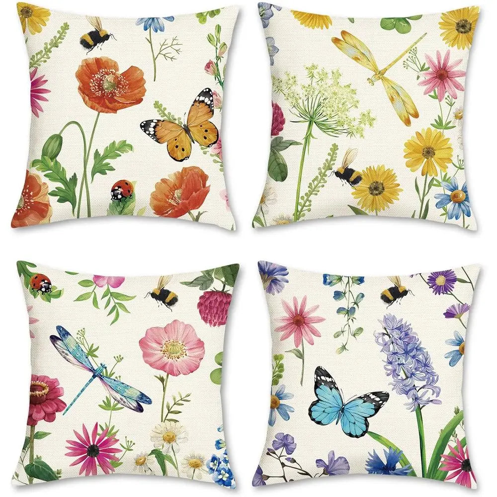 Outdoor Throw Pillow Covers 18x18 Set of 4, Spring Summer Wildflowers Pillow Cases for Patio, Bench, Chair, Swing, Couch, Sofa,