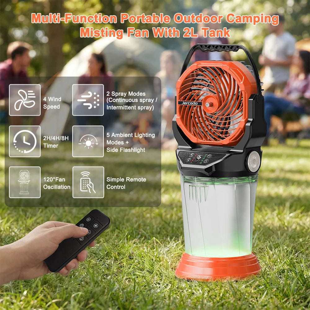 Portable Misting Fan Rechargeable Multifunctional Camping Fan, 2L Water Tank,Timer,4 Speeds Wind,5 Lighting Modes With 2 Nozzles