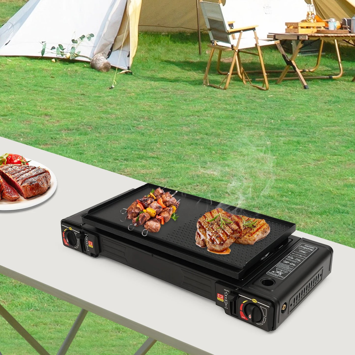 Portable Two Burner Camping Gas Stove With Baking Tray