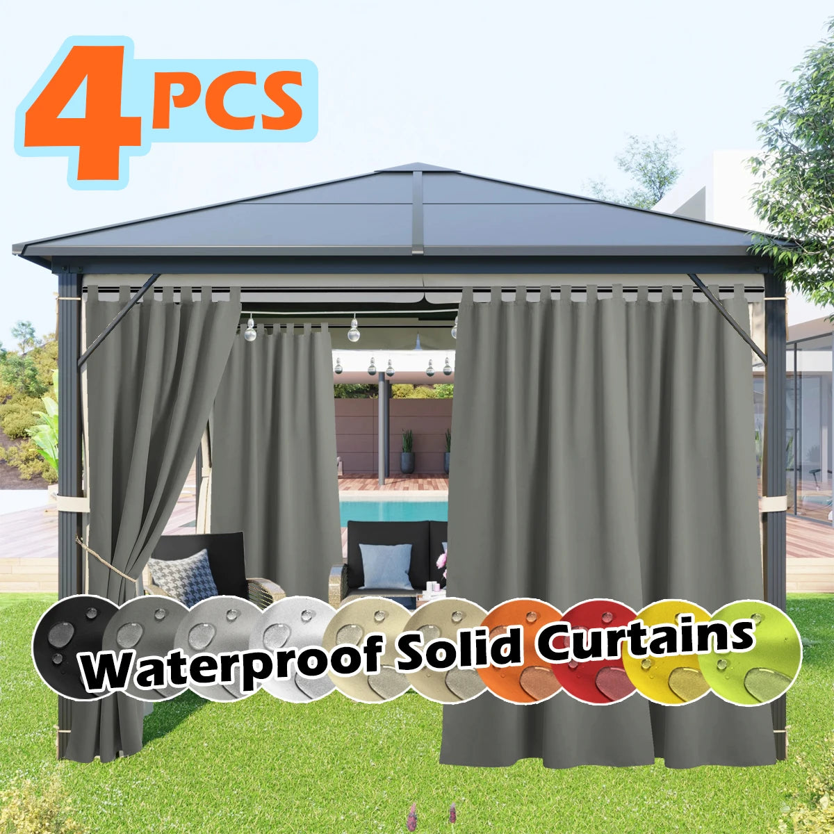 4 Panels Outdoor Curtains, Waterproof & UV-Resistant Tab Top Design for Porch, Pergola, Cabana, Gazebo Decor