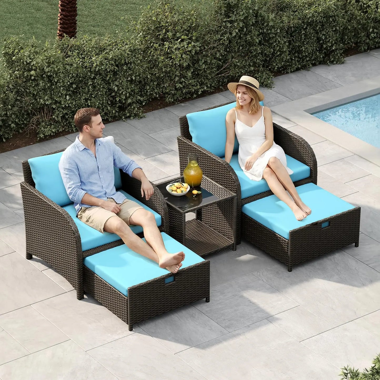 HiMISS 5 Piece PE Rattan Patio Set With Ottomans And Glass Table
