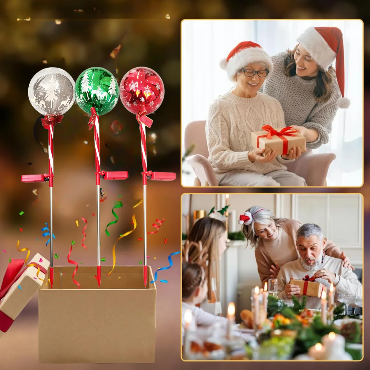 Outside Solar Christmas Lights, Christmas Garden Solar Ball Pile Light, Garden Christmas Tree Snowflake Elk Santa Claus Pile Lantern Ball, for Garden Pathway Home Cemetery Decorations