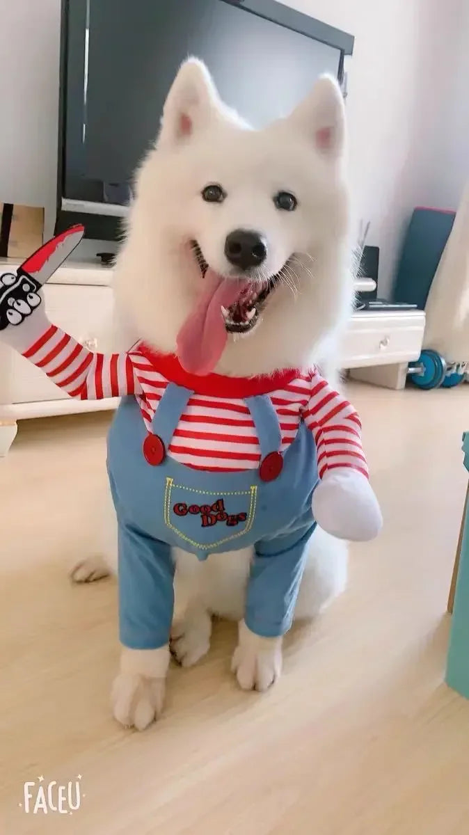 In Stock Halloween Chucky Doll Pet Costume, Funny 3D Upright Dog Cat Outfit, Cosplay Party Clothes for Small Medium Puppy Kitten