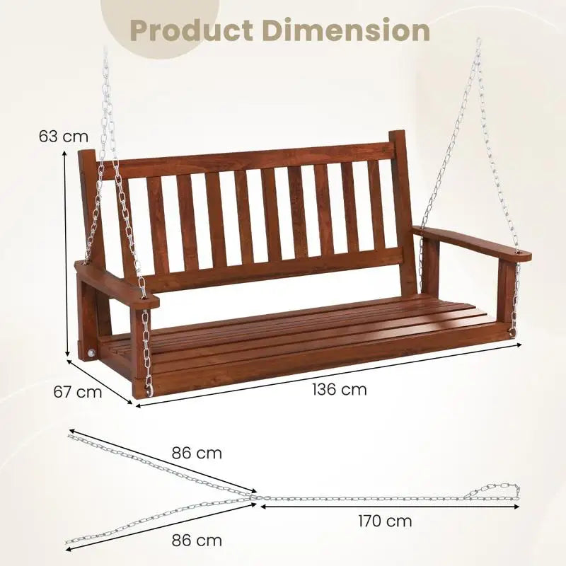 2-Person Wooden Outdoor Porch Swing with 500 Lbs Weight Capacity-Brown