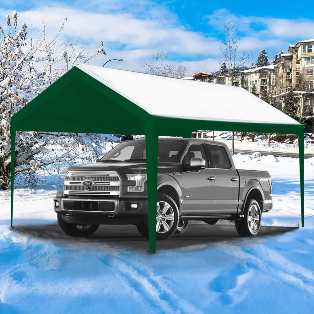 Carport Replacement Cover, Heavy Duty Car Tarp Canopy Tent Garage Top Shelter Fabric With Leg Pole Skirts And Ball Bungees, Waterproof UV Resistant Outdoor Vehicle Parking Roof Top, Green