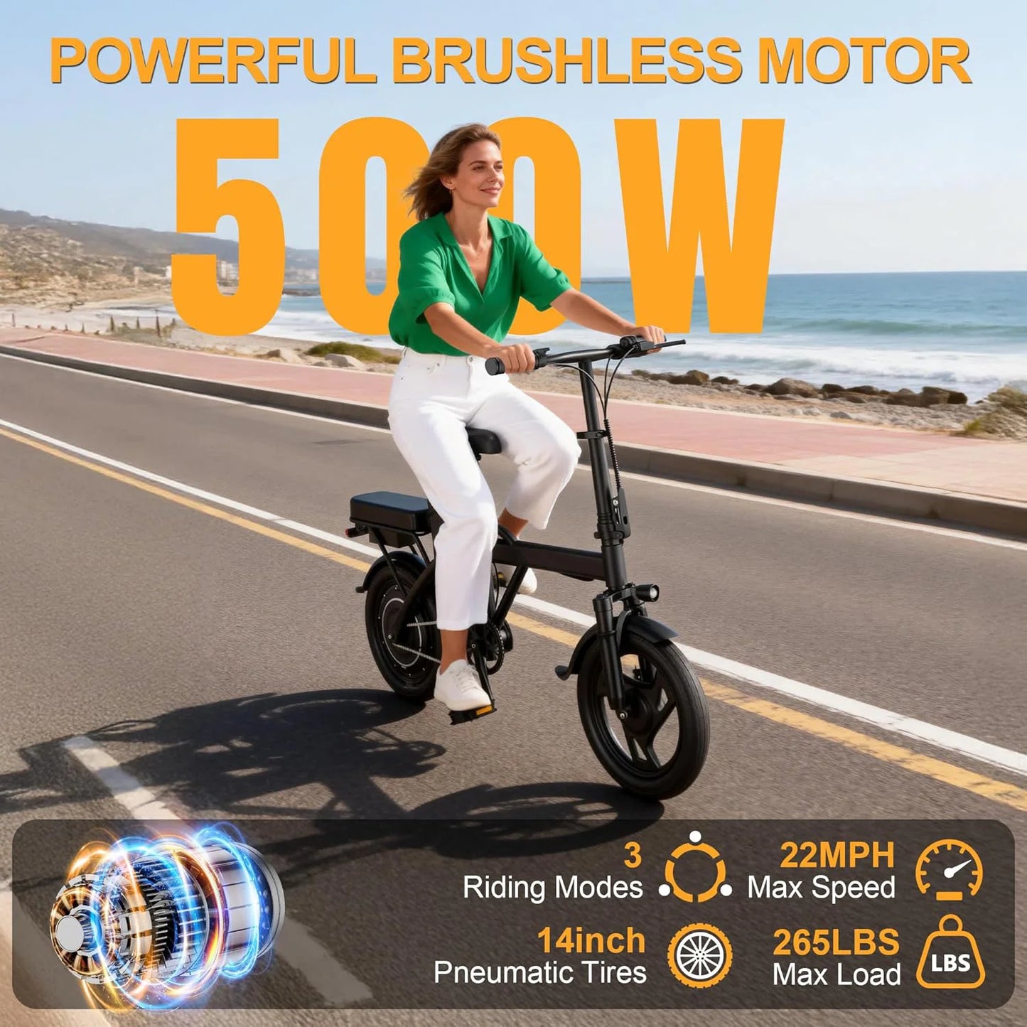 14 inch Foldable Electric Bike for Adults, 500W Motor Ebike, Max 22MPH Speed, 30 Miles Long Range, Dual Brake System, 265lbs Load Capacity Portable MINI Electric Bicycle for City Commuting