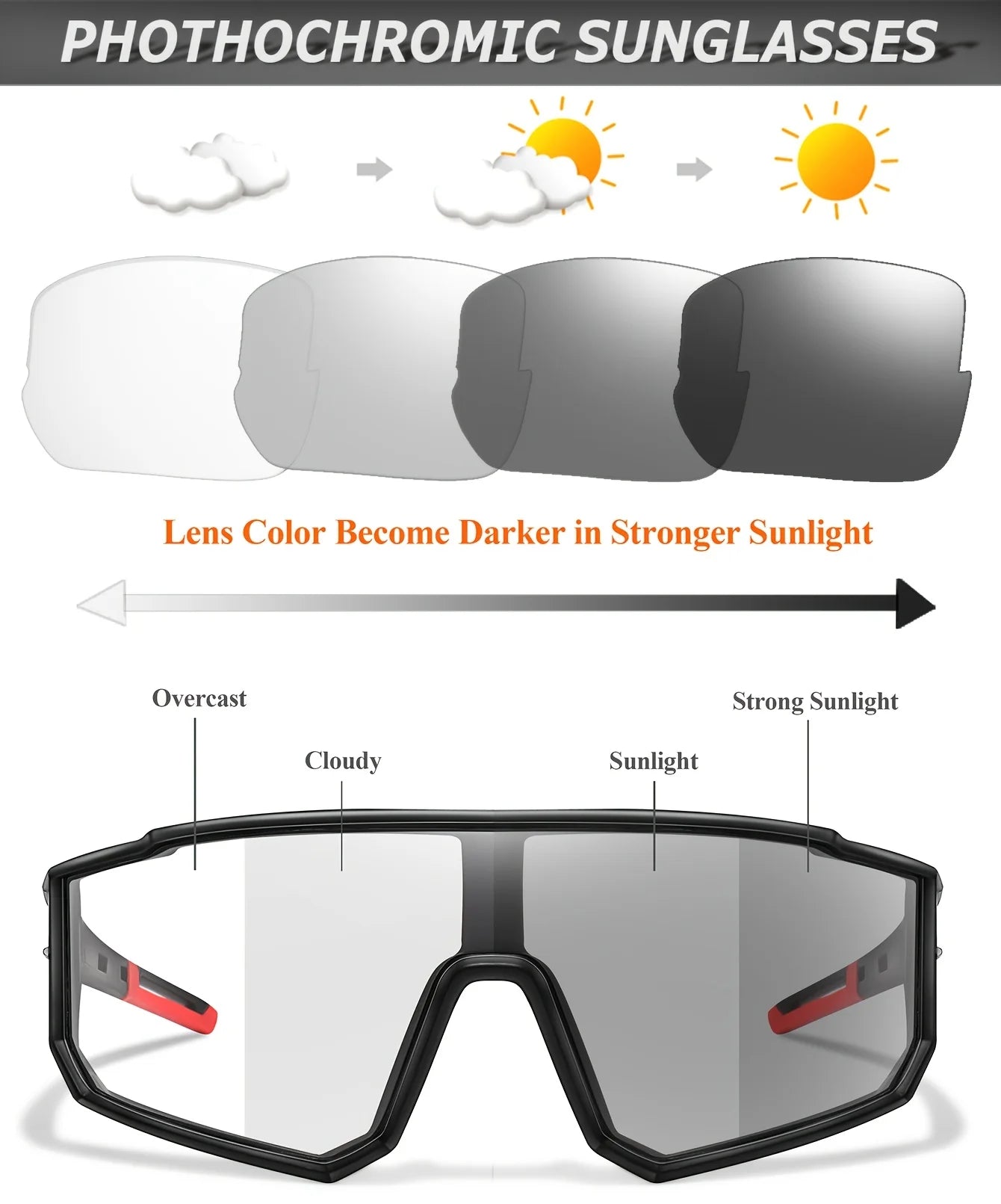 LOISRUBY Photochromic Cycling Glasses, UV-400 Lenses, Outdoor Running and Hiking Fashion Glasses, Unisex