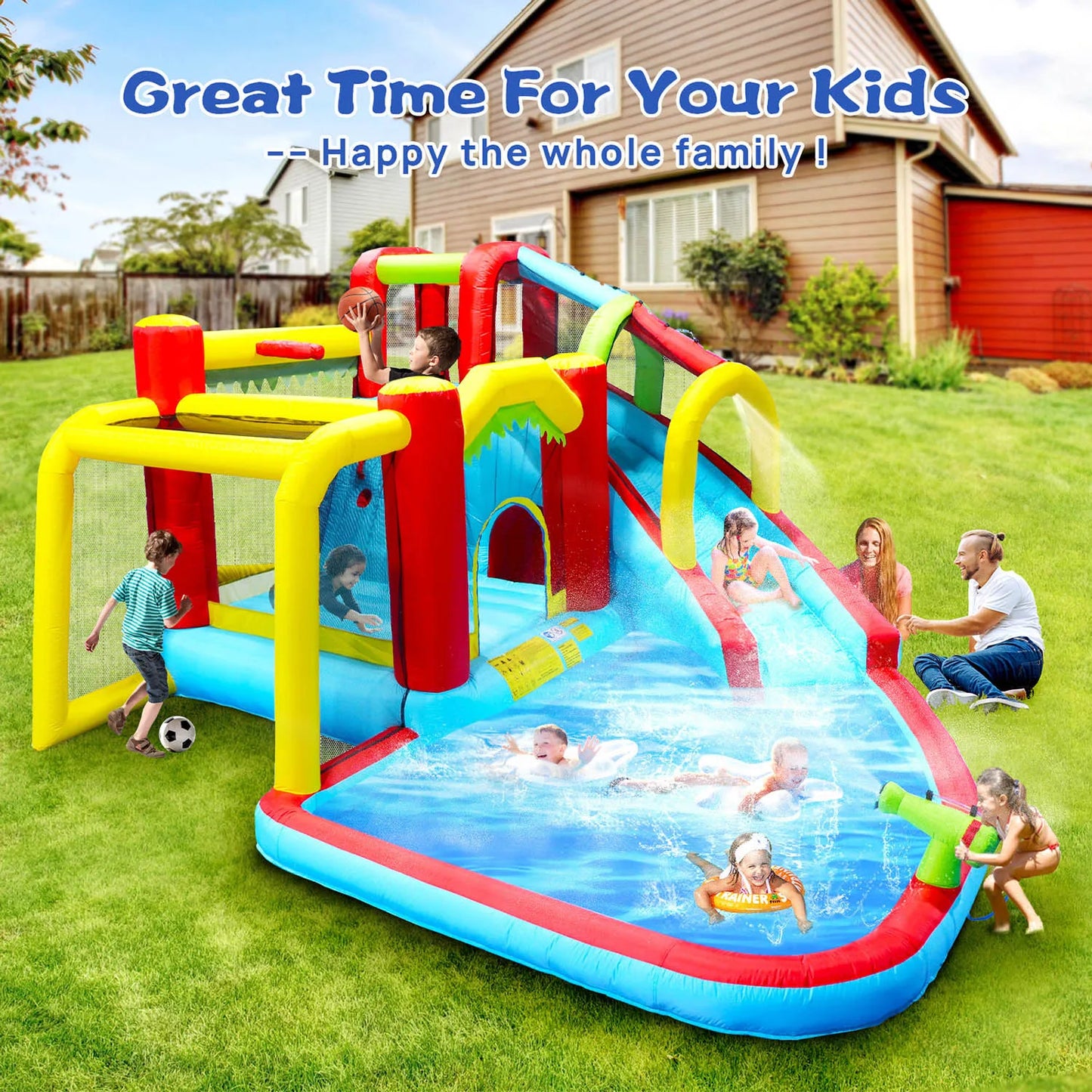 Inflatable Water Slide with Blower, All in 1 Bounce House Jumping Castle With Pool, Outdoor Backyard Playground For Summer Party