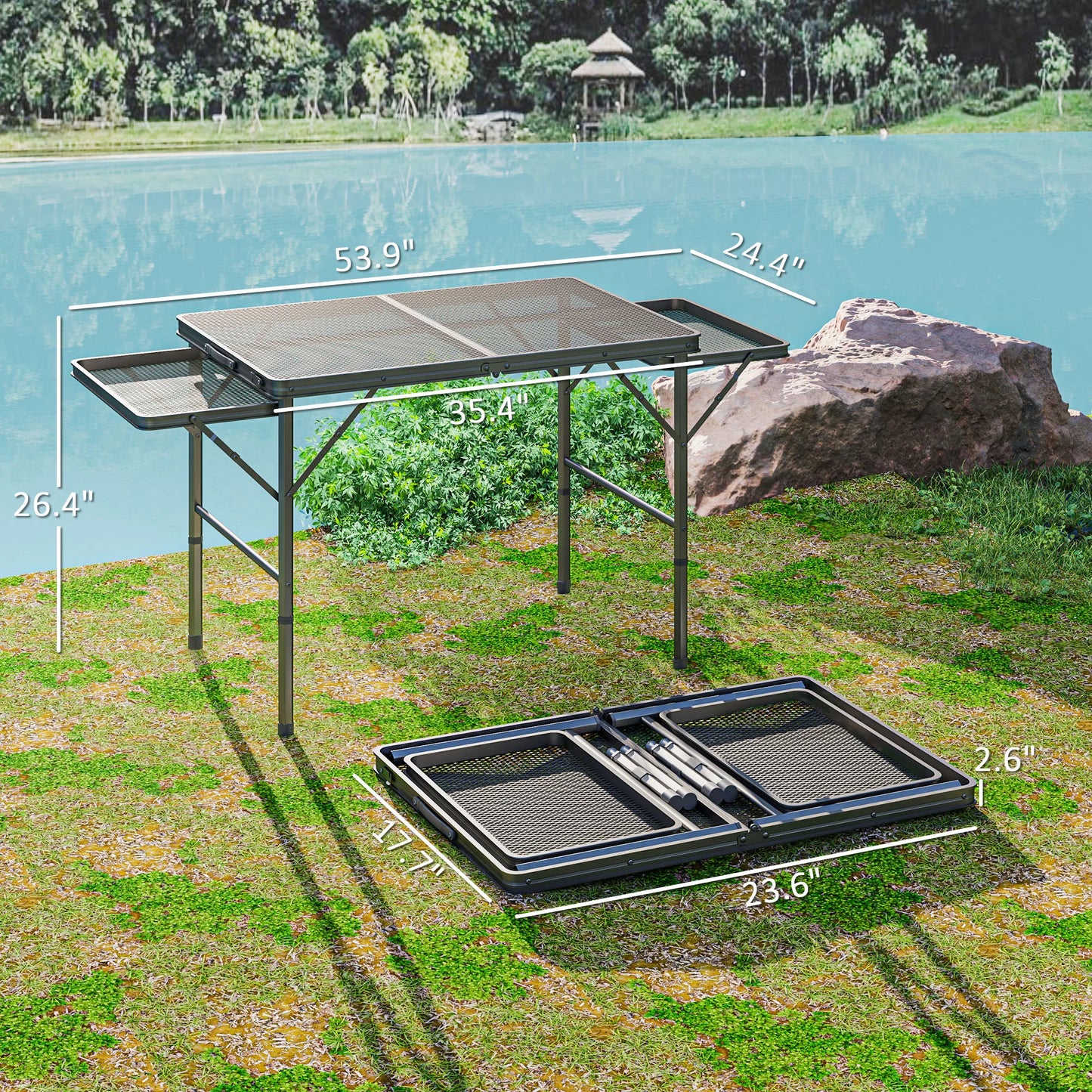 Folding Grill Table, 4.5ft Portable Camping Table W/ Wing Panels