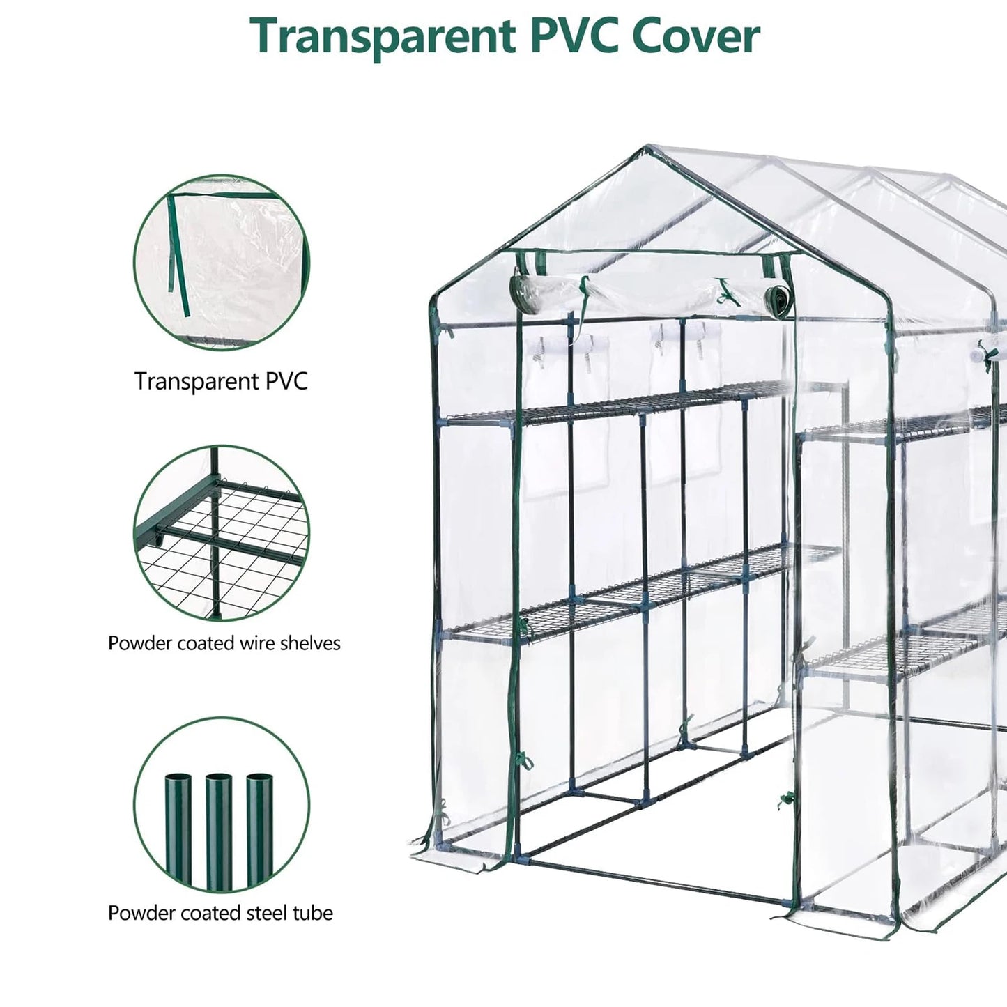 57x85x77in Walk-In Greenhouse With 8 Shelves, PE Cover, Mesh Windows & Zipper Door, Heavy Duty Plant House For Garden Backyard Patio