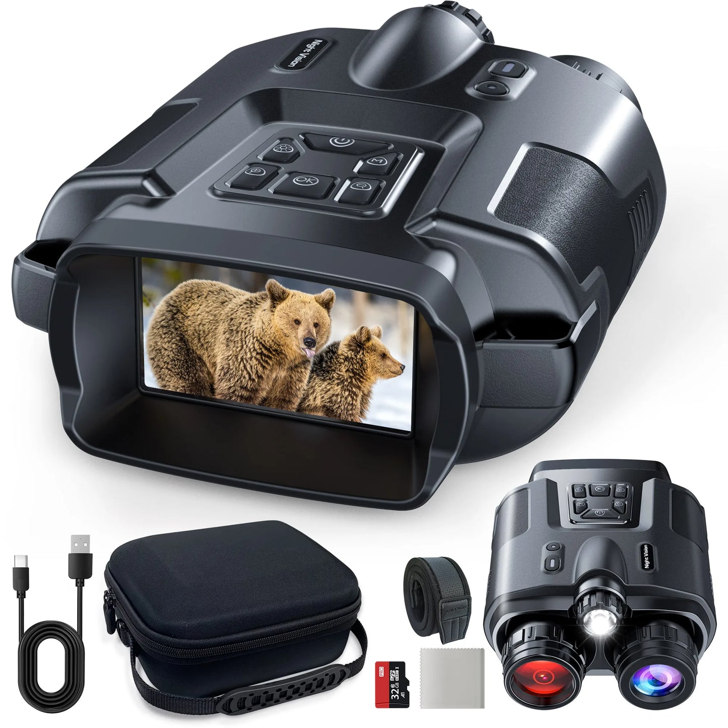 4K Night Vision Binoculars for Adults, 64GB Memory Card 3inch Screen 8X Digital Zoom With Tactical Light, 5000mAh Rechargeable Gear for Hunting & Camping, Infrared Vision Night Goggle, Gifts for Men Husband Dad