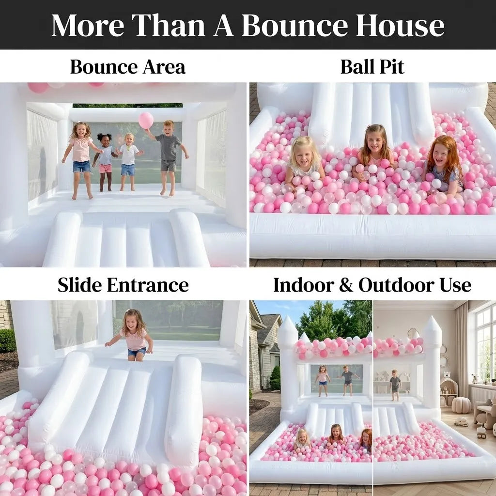 (Come with blower)13x8x8FT Inflatable White Bounce House with Slide & Ball Pit, Oxford Bouncy Castle Indoor and outdoor party use, Creates a Magical for Kids birthdays and Events