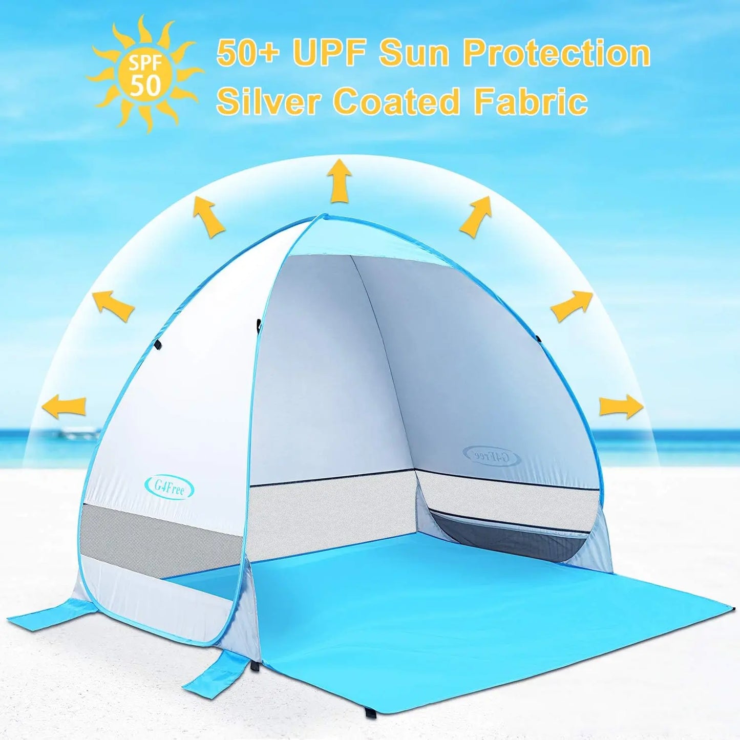 Large Pop Up Beach Tent for 3-4 Person, Automatic Sun Shelter Canopy with UV Protection, Portable Outdoor Cabana