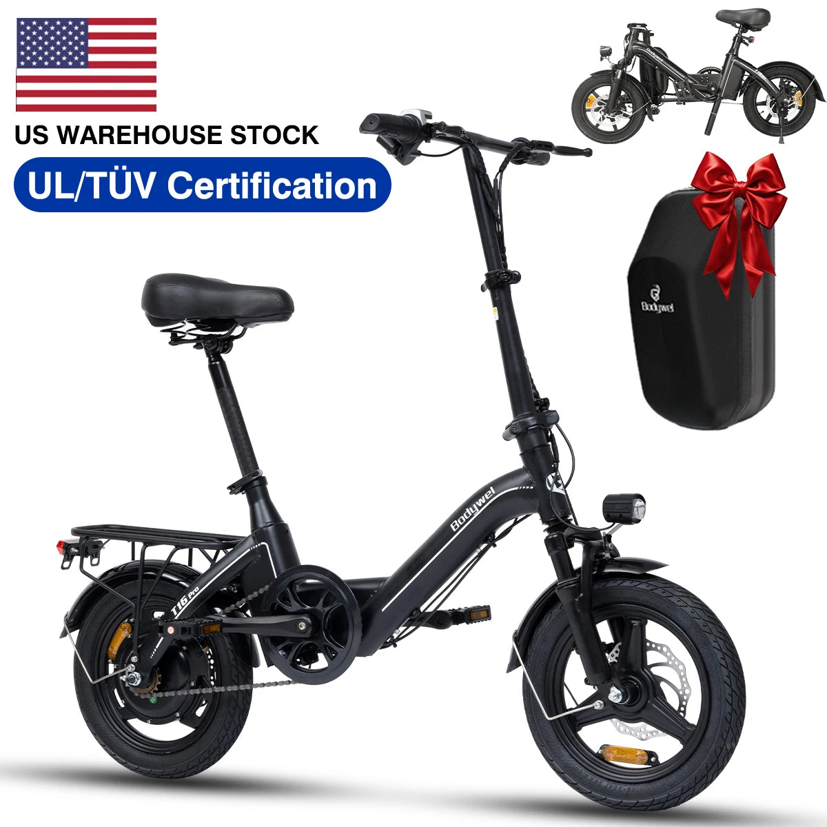 Bodywel T16Pro Folding Electric Bike 20MPH Max Speed 36V 10.4Ah Battery UL/TUV Certified 14" Mini E-Bike for Adult Urban ebike