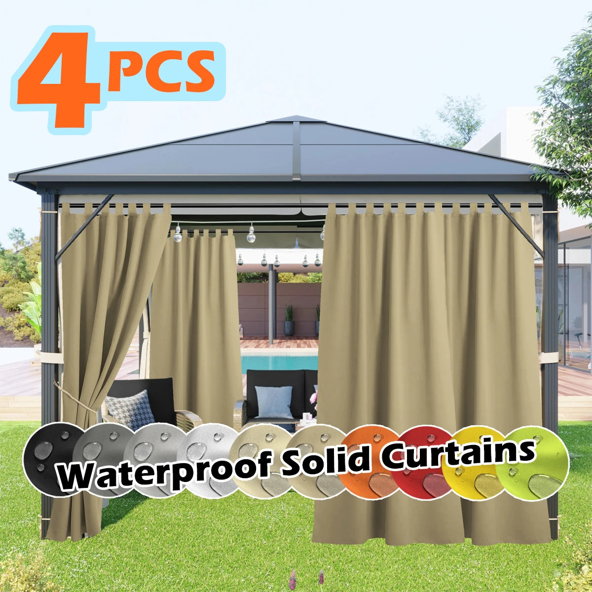 4 Panels Outdoor Curtains, Waterproof & UV-Resistant Tab Top Design for Porch, Pergola, Cabana, Gazebo Decor