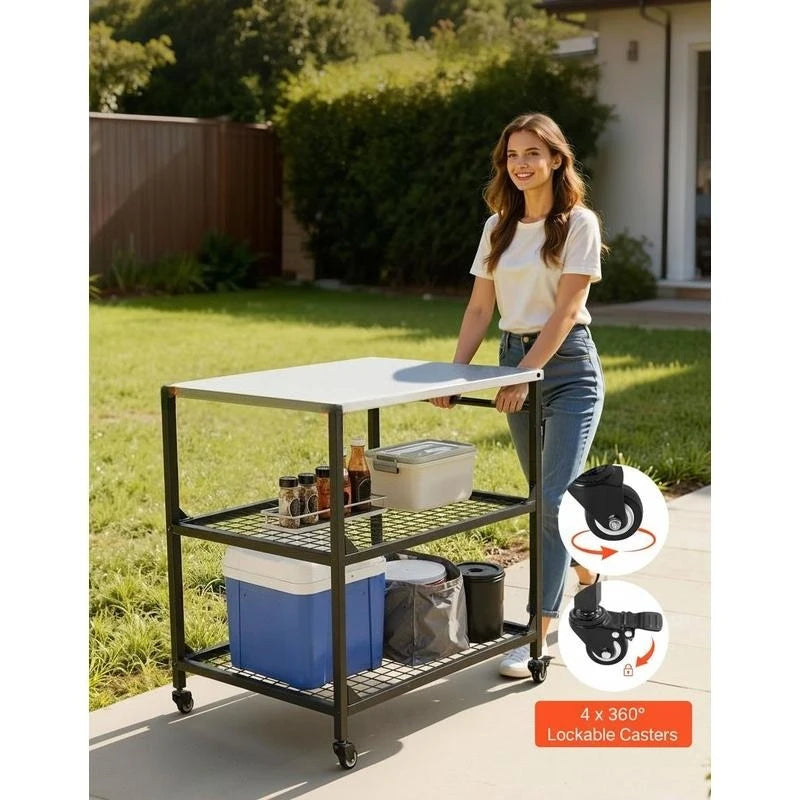 Outdoor Grill Cart, 31.5 X 24.0 Inch Stainless Steel Tabletop Size Grilling Table, Outdoor Cooking Table with 4 Wheels & Side Handle, Two Mesh Shelves, BBQ Prep Tables for Patio, Garden