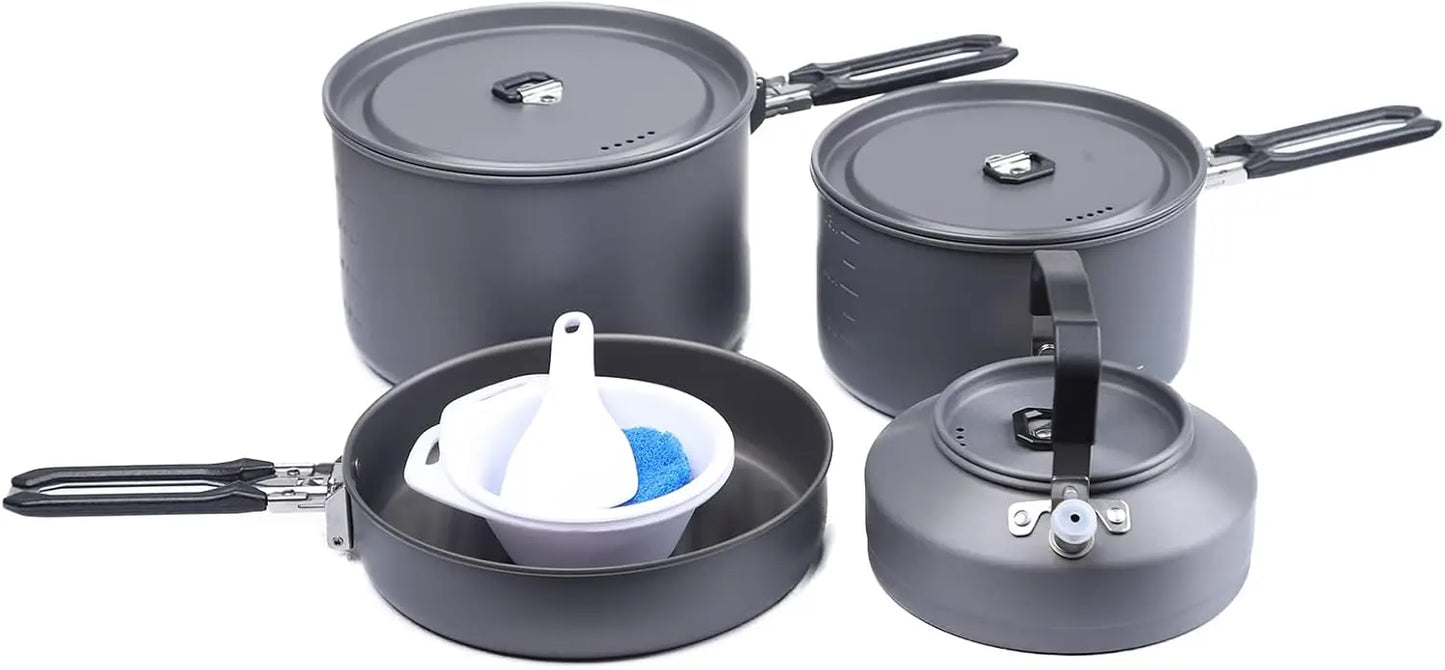 Portable Camping Cookware Set, 10-Piece Stackable Pot and Pan Kit with Kettle, Nonstick, Lightweight for Hiking, Backpacking